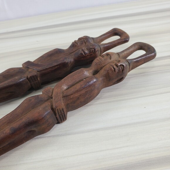 Hand Carved Wood Spoon Fork Set Salad Serving Utensils Grigg African Egyptian - Picture 4 of 8
